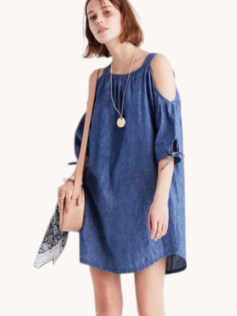 Madewell Chambray Linen Denim Blue Cold-Shoulder Dress 3/4 Sleeve